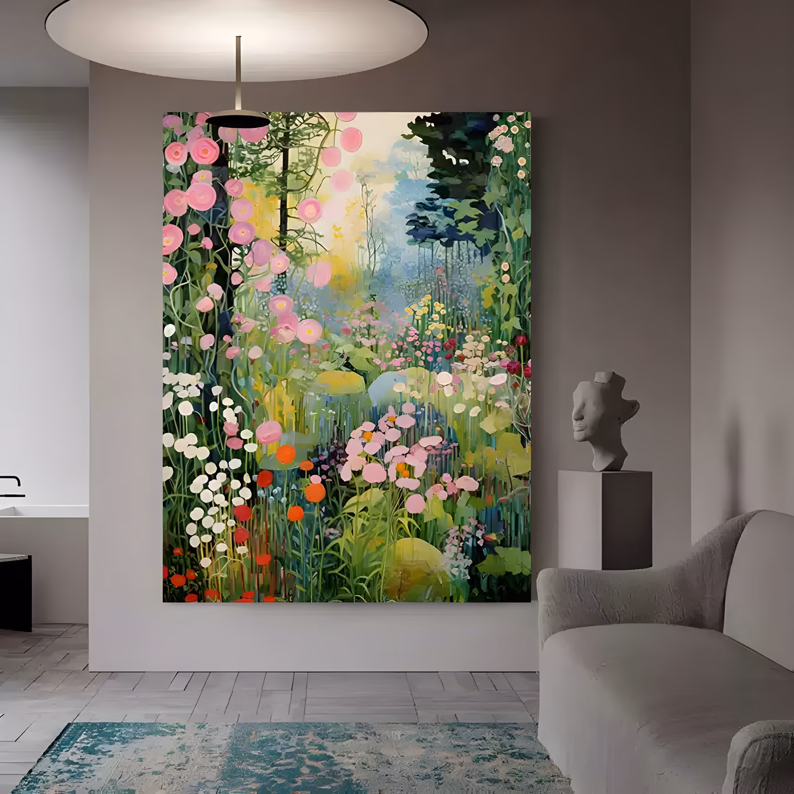 a large vertical impressionist painting of a dense summer garden where pink roses, white daisies and red poppies rise from tall green grasses in front of dark trees, in flat hand-painted acrylic