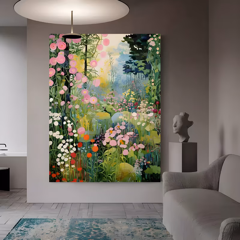 a large vertical impressionist painting of a dense summer garden where pink roses, white daisies and red poppies rise from tall green grasses in front of dark trees, in flat hand-painted acrylic