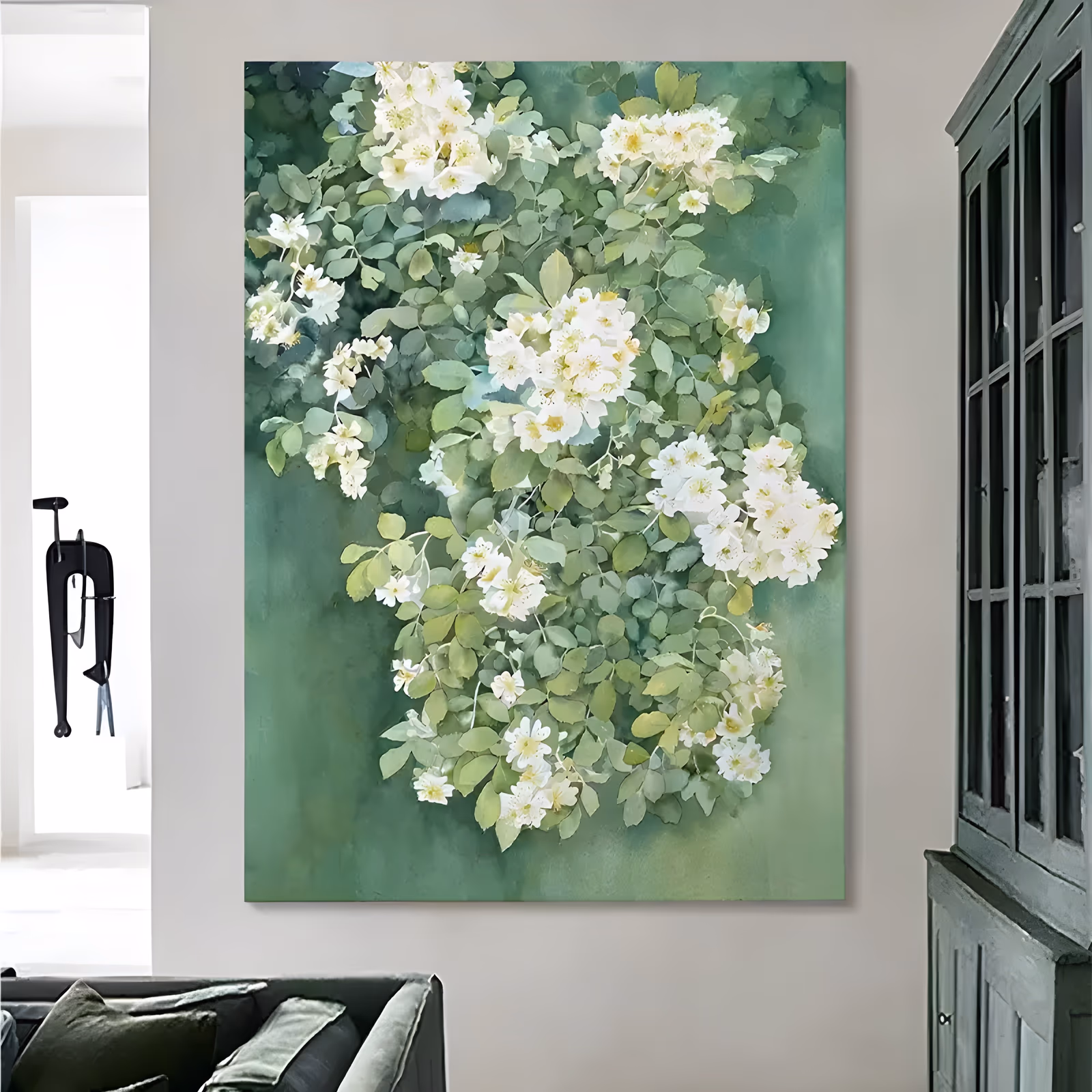 a large vertical botanical painting of cascading clusters of small white five-petal blossoms and round sage-green leaves trailing down the right and lower center, on a soft washed green ground in thin oil