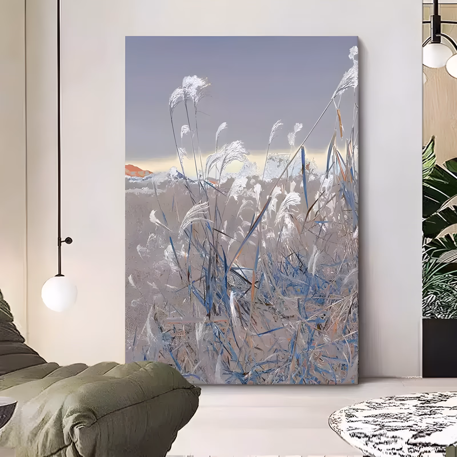 a large vertical landscape painting of frosted pampas reeds filling the lower two thirds, their white plumes leaning right against a pale gray-blue sky and a distant snowy ridge, in thick impasto