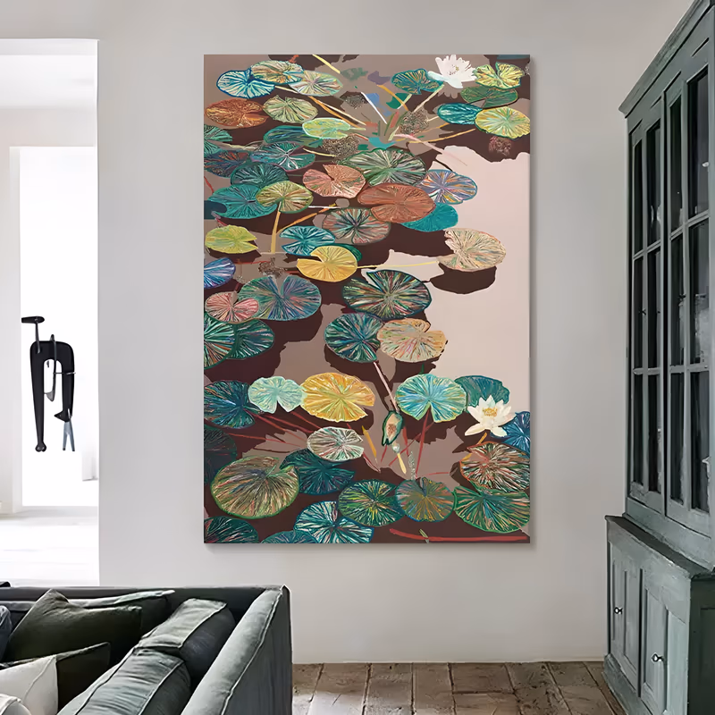 a large vertical botanical painting of overlapping lily pads in green, teal, gold and rose spreading over a mauve-brown pond, with two open white water lilies near the top and lower right, in flat acrylic