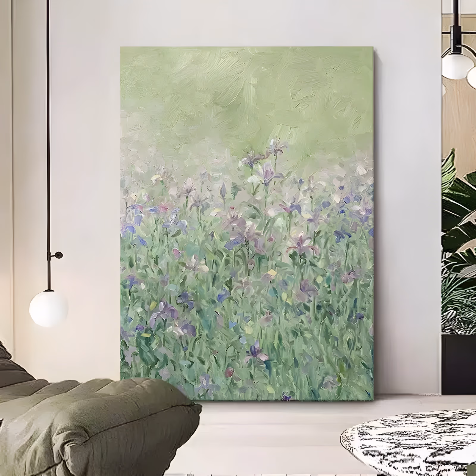 a large vertical impressionist painting of pale lavender and white irises massed in a sage green field, taller stems at the middle and a soft light green haze at the top, in thick palette-knife acrylic