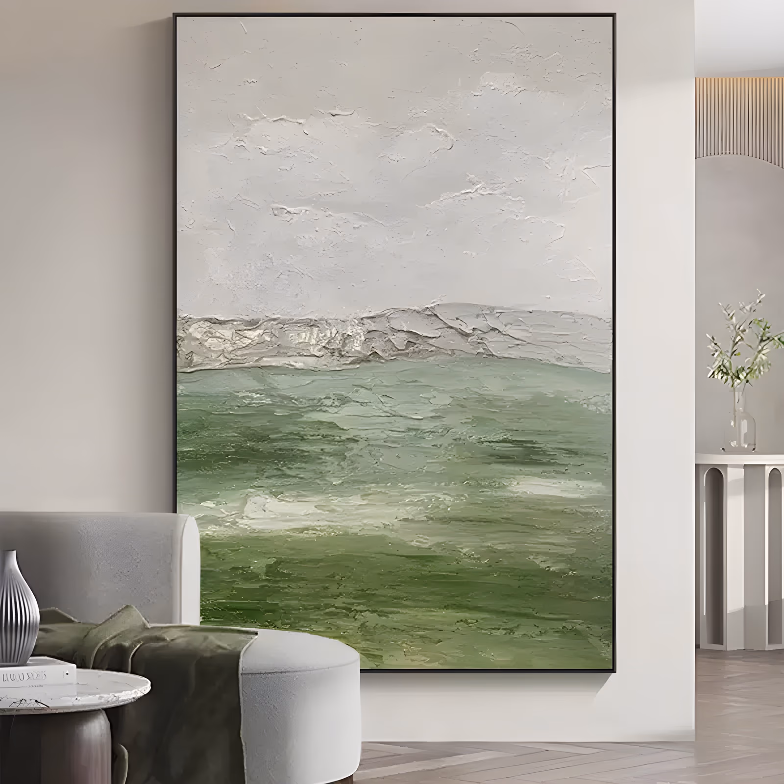 a large vertical impasto landscape painting of a deep green field built from heavy knife strokes below a broken gray ridge and a thick white plaster sky, the paint standing in visible ridges
