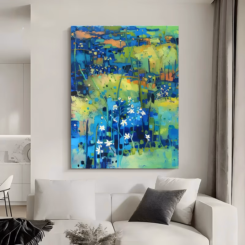 a large vertical impressionist painting of a meadow in cobalt blue, turquoise and lime green, with slim stems of small white daisies rising in the lower center and orange flecks in the distance, in thick paint