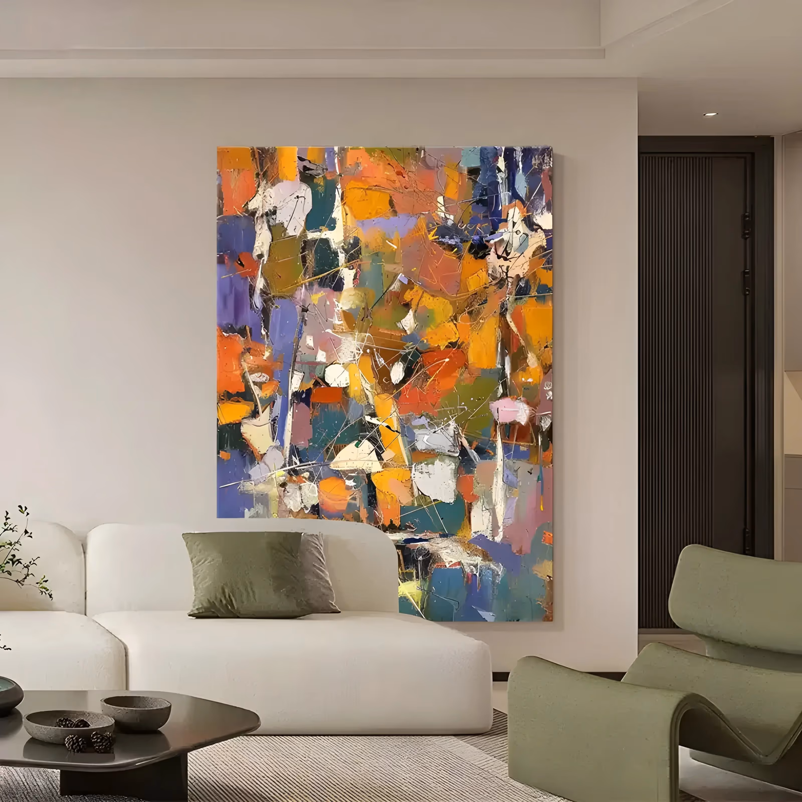 a large vertical abstract painting of overlapping palette-knife blocks in orange, ochre, violet, teal and cream, with white paint drips and fine scratched lines over the middle of the canvas, in thick oil impasto
