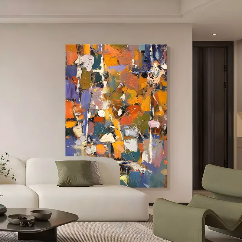 a large vertical abstract painting of overlapping palette-knife blocks in orange, ochre, violet, teal and cream, with white paint drips and fine scratched lines over the middle of the canvas, in thick oil impasto