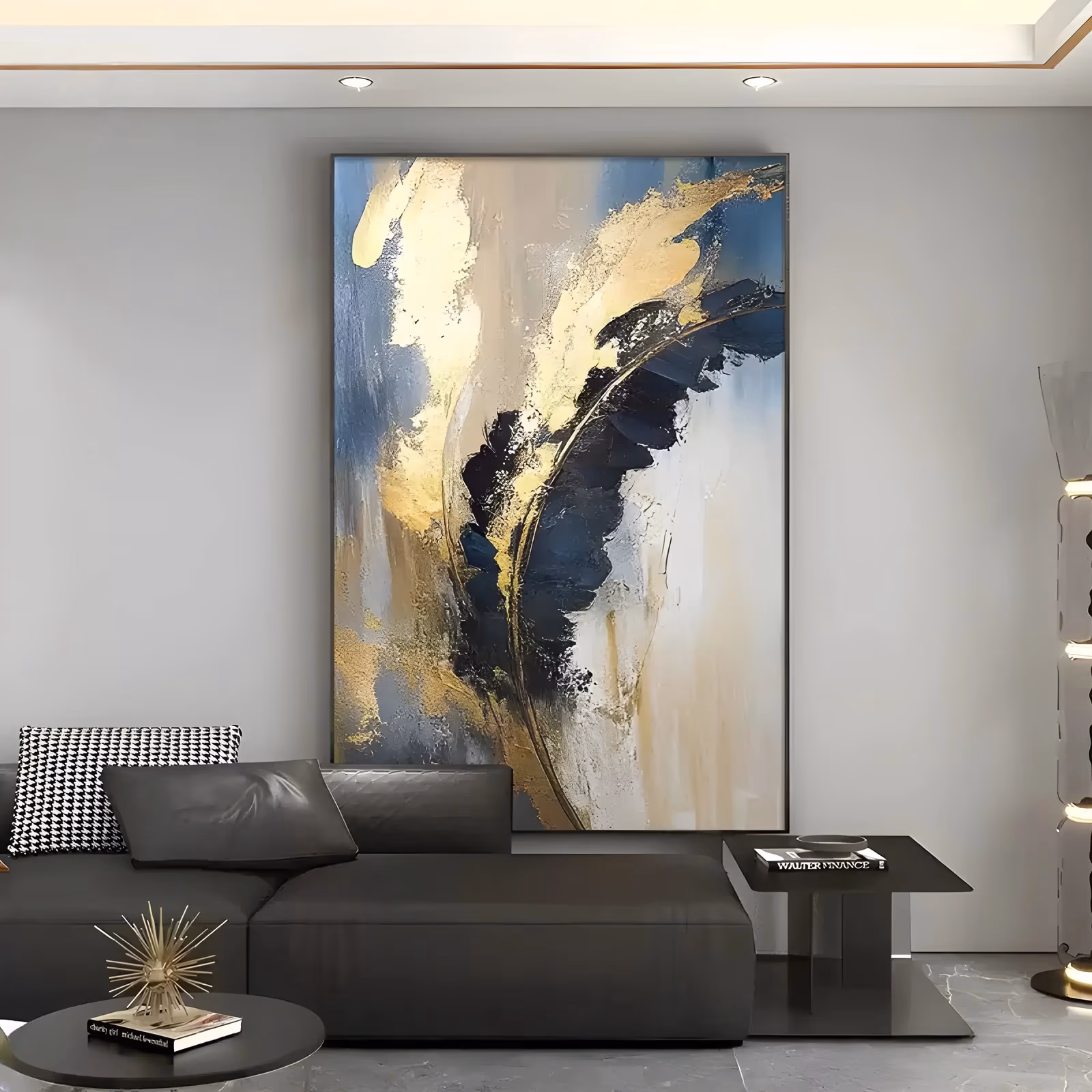 a large vertical abstract painting of a navy and near-black feather-shaped sweep curving up the center, edged with gold leaf, over a ground of cream, beige and slate blue, in thick palette-knife oil