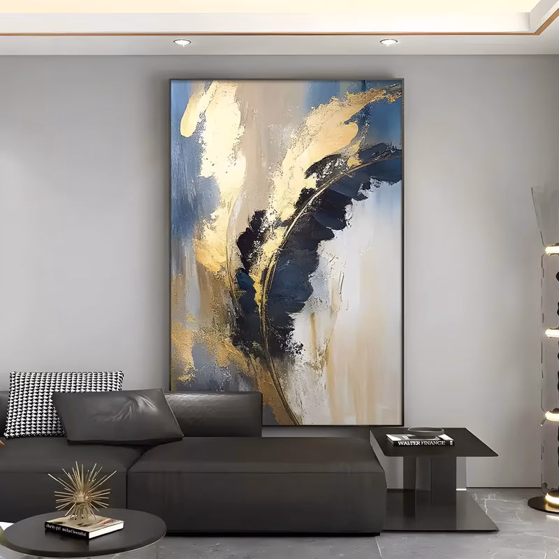 a large vertical abstract painting of a navy and near-black feather-shaped sweep curving up the center, edged with gold leaf, over a ground of cream, beige and slate blue, in thick palette-knife oil