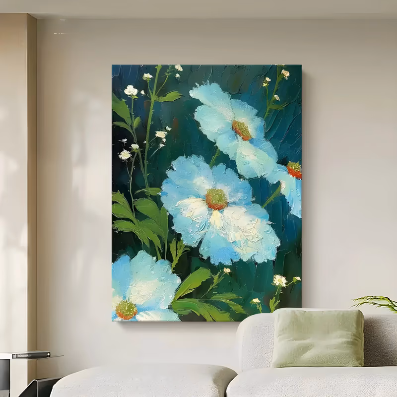 a large vertical floral painting of three pale blue poppies with dew-beaded petals and golden-green centers stacked on a diagonal against deep green foliage and small white buds, built in thick impasto
