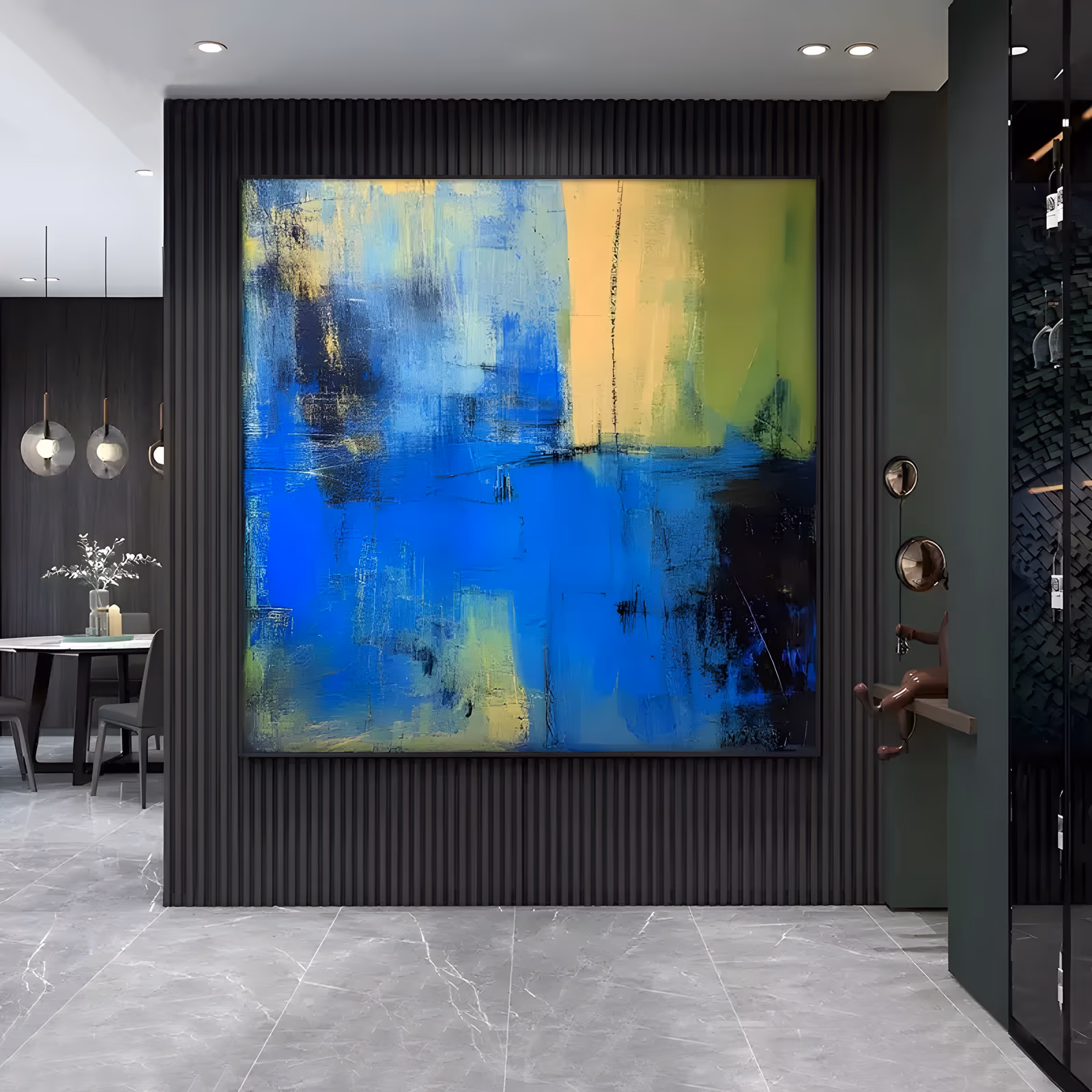 a large square abstract painting of a dragged cobalt blue field with a band of lemon yellow and lime green down the right side and black scrapes at the edges, in thick dry-brushed oil