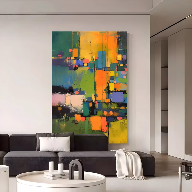 a large vertical abstract painting of a loose grid of color blocks in grass green, orange, yellow, cobalt, pink and violet, with paint drips running down between them, in thick brushed and knifed acrylic