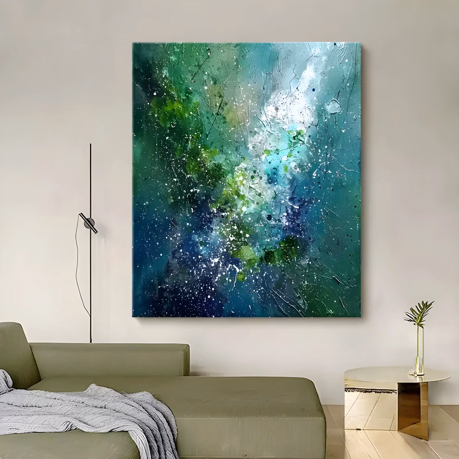a large vertical abstract painting of a splattered field of emerald, teal and navy blue, with fine white speckles thrown over it like stars and a paler glow rising through the upper right, in fluid acrylic