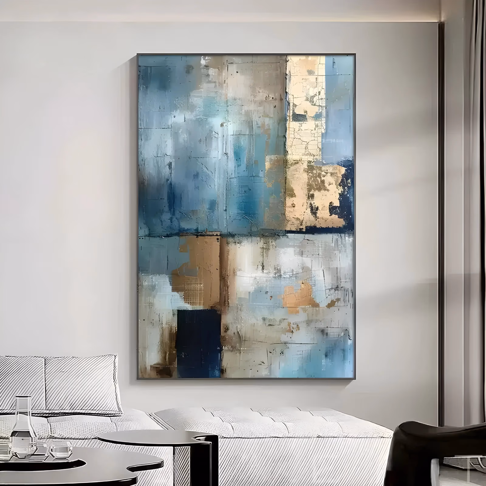 a large vertical abstract painting of stacked rectangles in slate blue, navy, sand and chalky white, their edges scraped and layered so older colors show through, worked in thick palette-knife acrylic