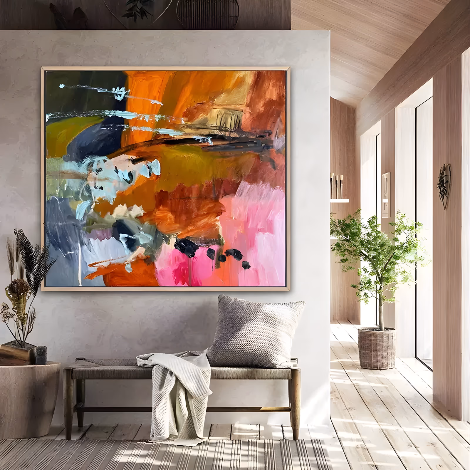 a large square abstract painting of broad gestural sweeps in rust orange, olive green, slate blue and hot pink, with pale turquoise streaks over the upper left and cream scrapes at the base, in thick oil