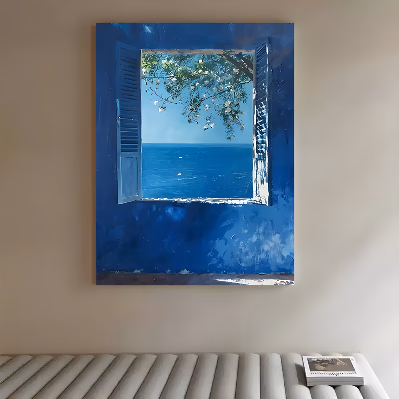 a large vertical impressionist painting of a white shuttered window set in a thick cobalt blue wall, opening onto a turquoise sea and sky with a white blossom branch hanging in the opening, in impasto oil