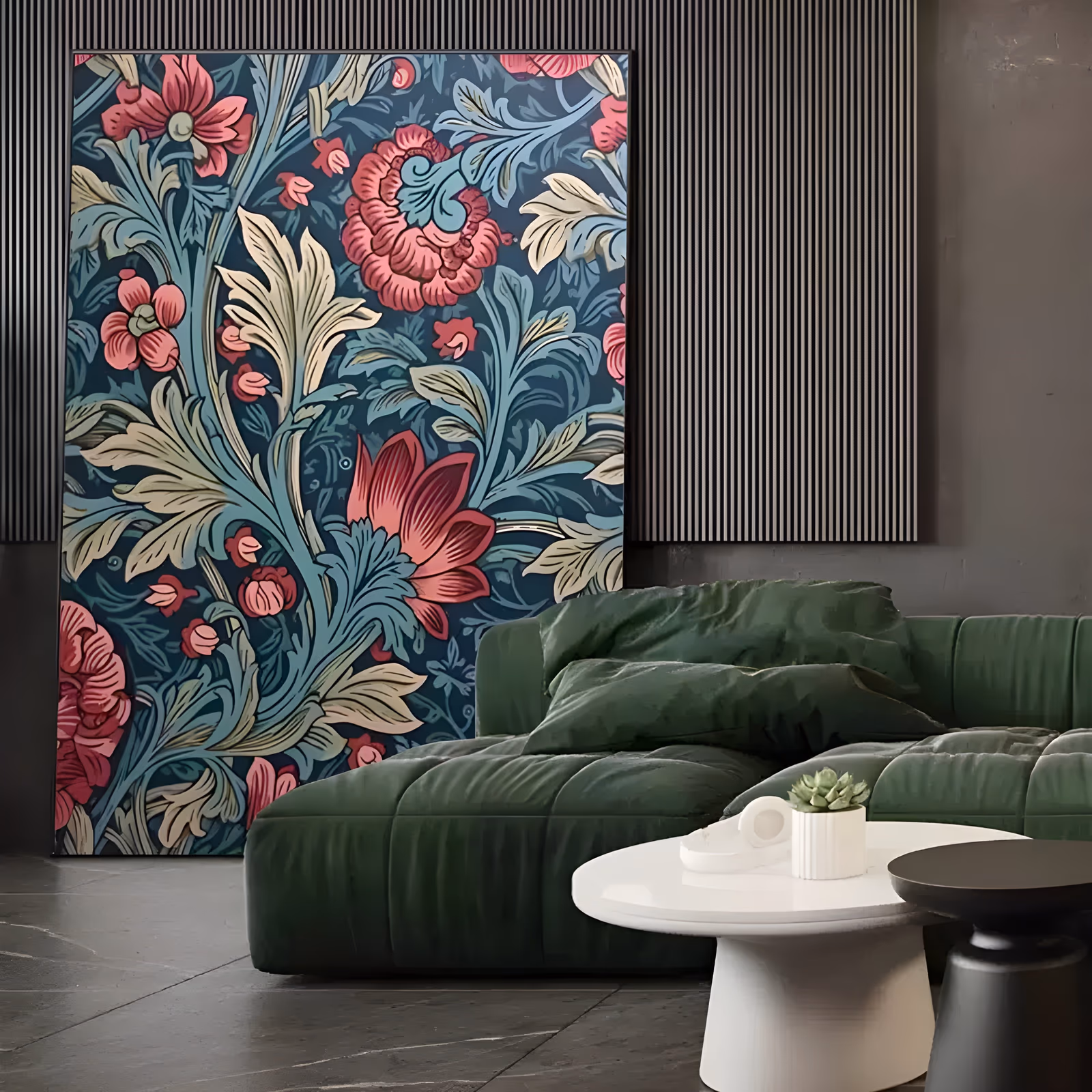 a large vertical maximalist floral pattern painting of rose-pink blooms and small buds on curling teal and cream leaves over a deep navy ground, drawn in flat outlined shapes in hand-painted acrylic