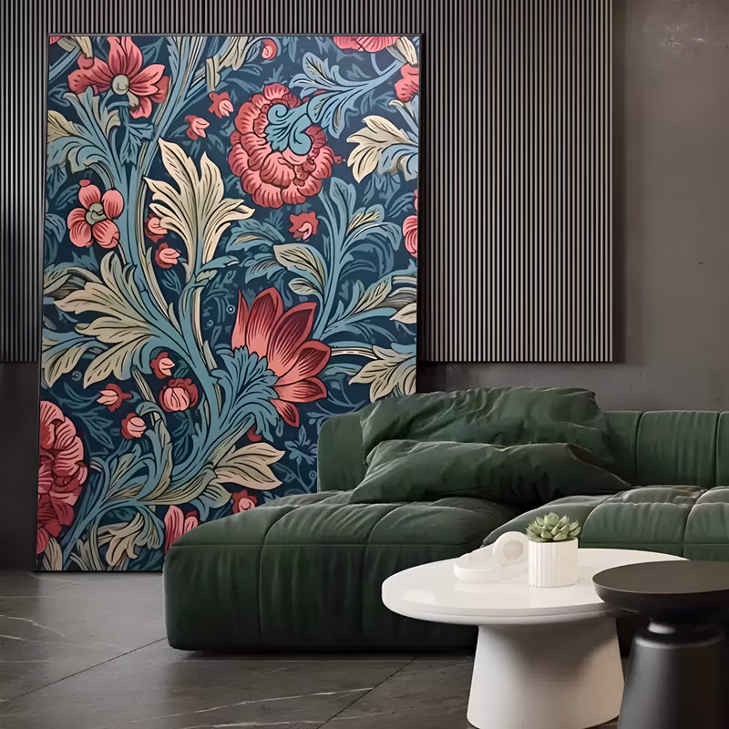 a large vertical maximalist floral pattern painting of rose-pink blooms and small buds on curling teal and cream leaves over a deep navy ground, drawn in flat outlined shapes in hand-painted acrylic