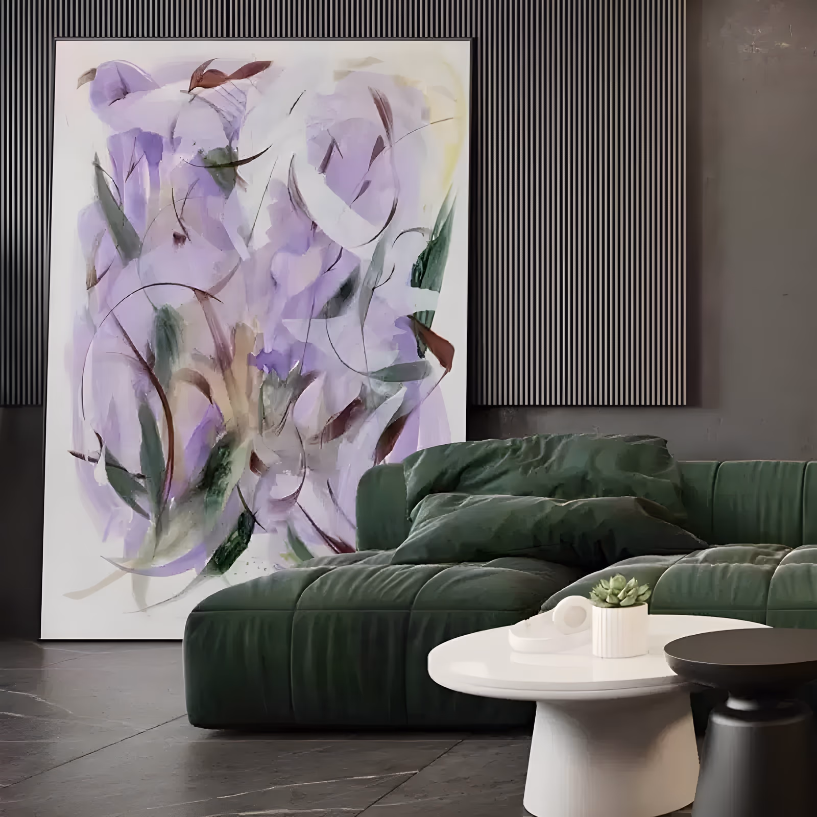 a large vertical abstract floral painting of loose lilac and sage green petal strokes scattered over a white ground, with thin maroon lines curving between them, in thin hand-painted acrylic