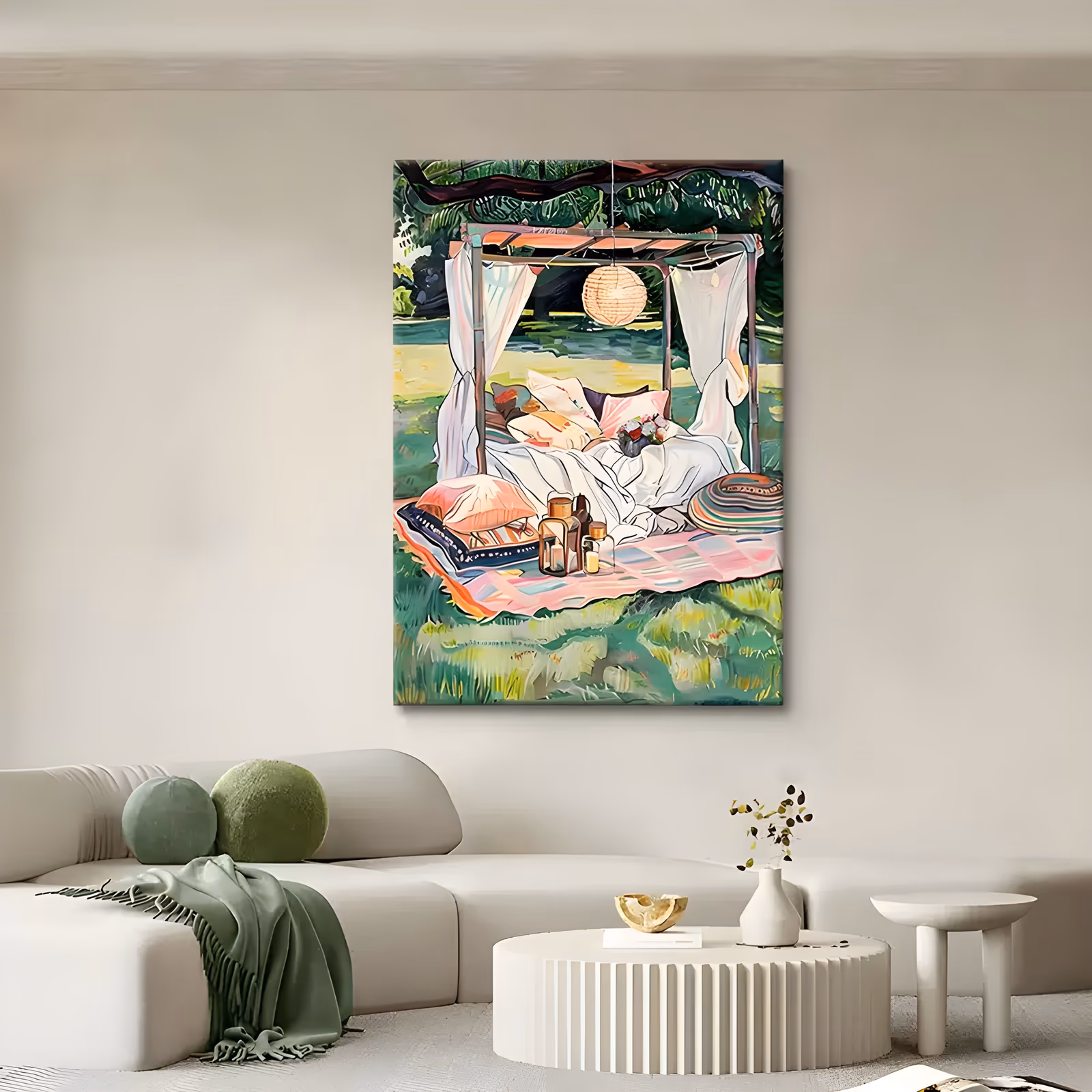 a large vertical impressionist painting of a draped white canopy daybed on a green lawn beside a lake, a paper lantern hanging above and a pink striped picnic rug spread in front, in soft acrylic