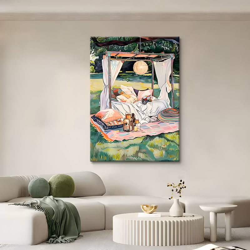 a large vertical impressionist painting of a draped white canopy daybed on a green lawn beside a lake, a paper lantern hanging above and a pink striped picnic rug spread in front, in soft acrylic
