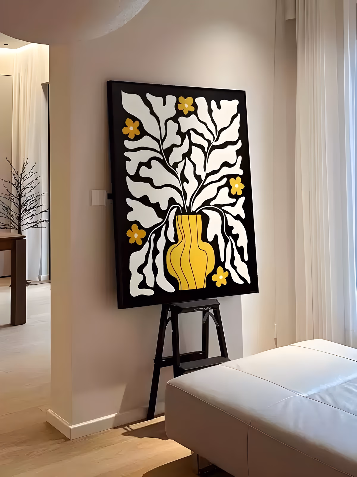 a large vertical minimalist painting of a wavy yellow vase at the center holding tall white cut-out leaves reaching the frame edges, with golden flowers scattered around them on a solid black ground, in flat acrylic
