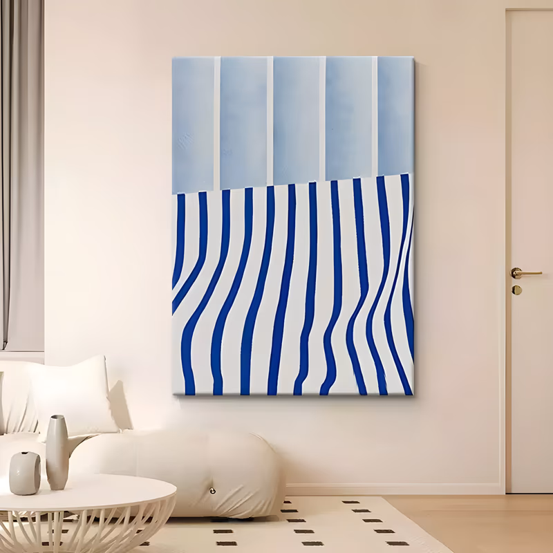 a large vertical minimalist painting of five pale blue blocks along the top third above a field of wavy cobalt and white stripes that lean to the right, in flat hand-painted acrylic