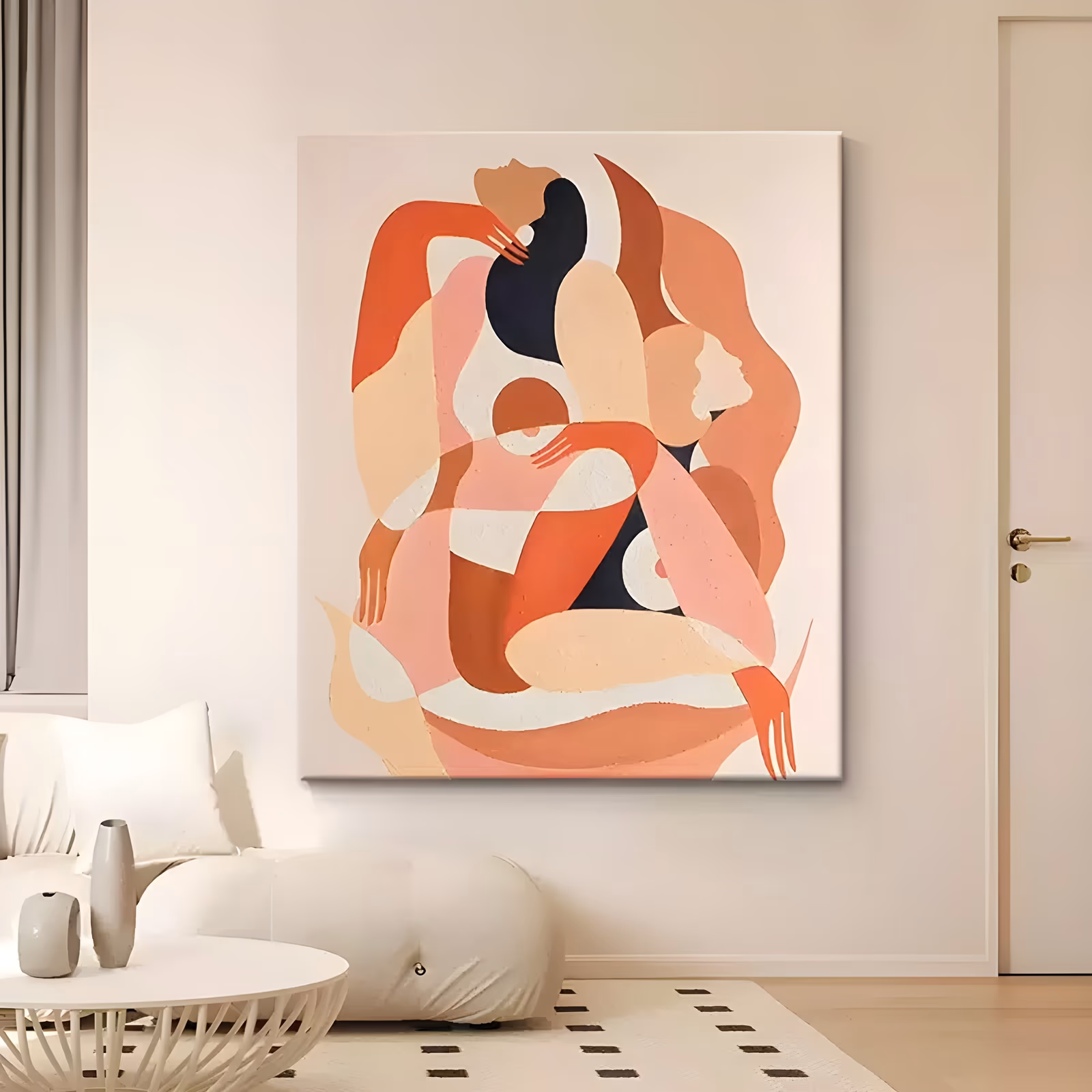 a large vertical abstract painting of two stylized figures embracing, their bodies built from interlocking curved shapes in terracotta, coral, dusty pink, cream and navy on a pale cream ground, in flat matte acrylic