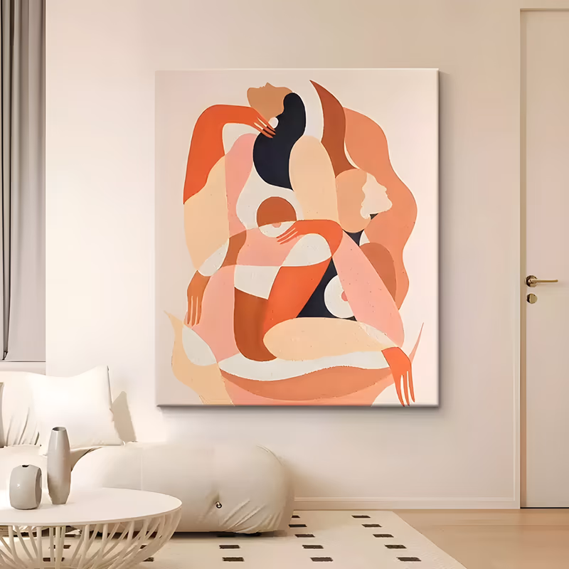 a large vertical abstract painting of two stylized figures embracing, their bodies built from interlocking curved shapes in terracotta, coral, dusty pink, cream and navy on a pale cream ground, in flat matte acrylic