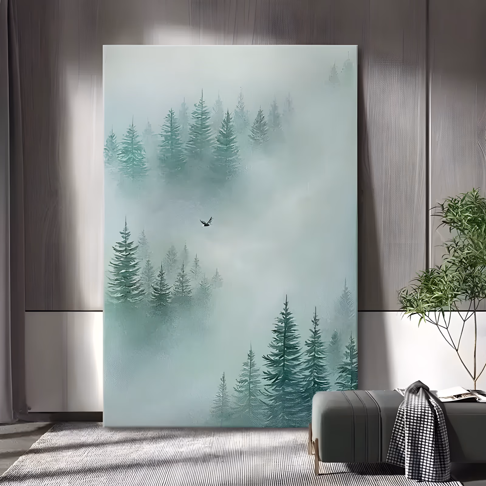 a large vertical impressionist canvas painting of a sage green pine forest half-swallowed by pale mint fog, with a single dark bird gliding through the open center, worked in soft dry-brushed oil