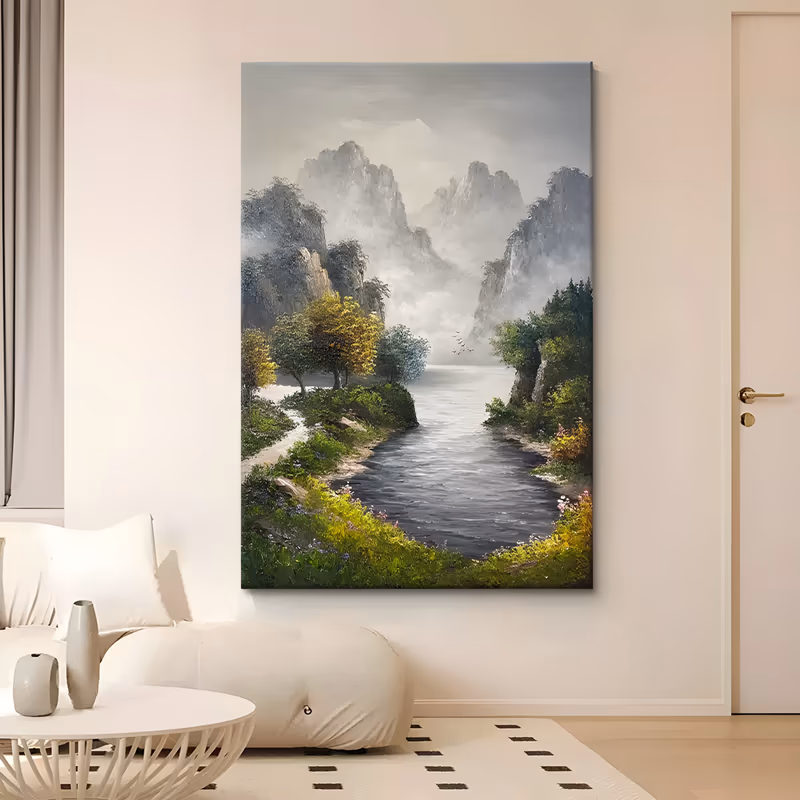 a large vertical impressionist painting of a pale river curving between misty gray karst peaks, dark green trees and flowering banks framing the water on both sides, in soft brushed oil