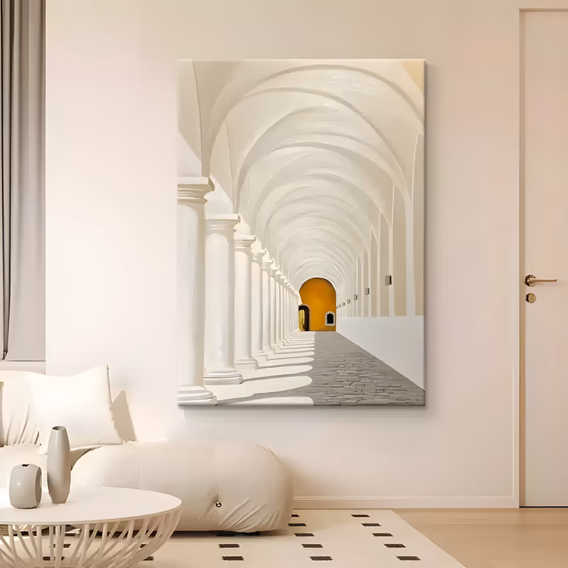 a large vertical textured painting of a white vaulted colonnade receding to a mustard yellow arched door at the center, columns casting long shadows on a gray cobbled floor, in sculpted plaster relief