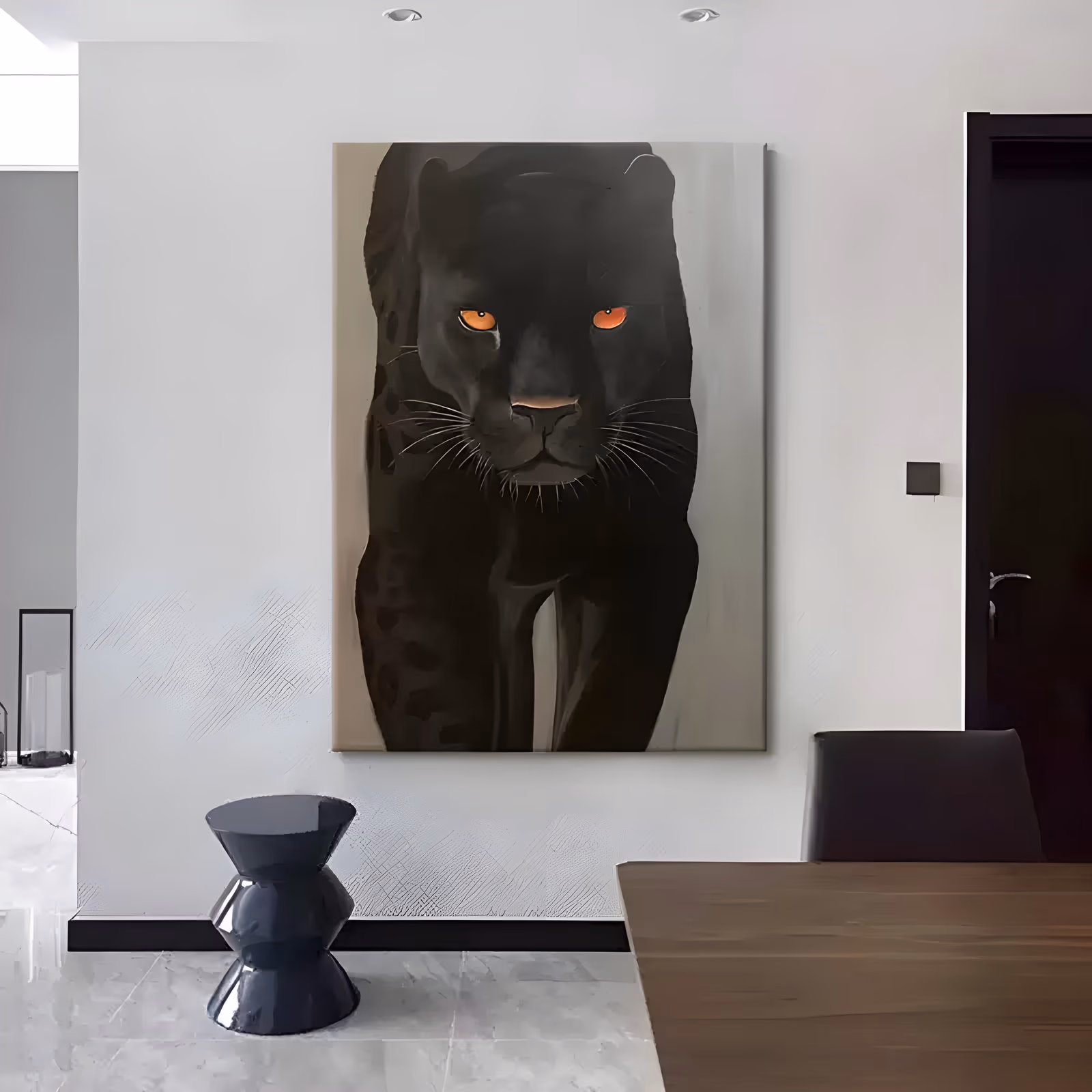 a large vertical realistic painting of a black panther walking toward the viewer, head low and amber orange eyes fixed ahead, its dark body set on a plain warm beige and gray ground, in smooth oil