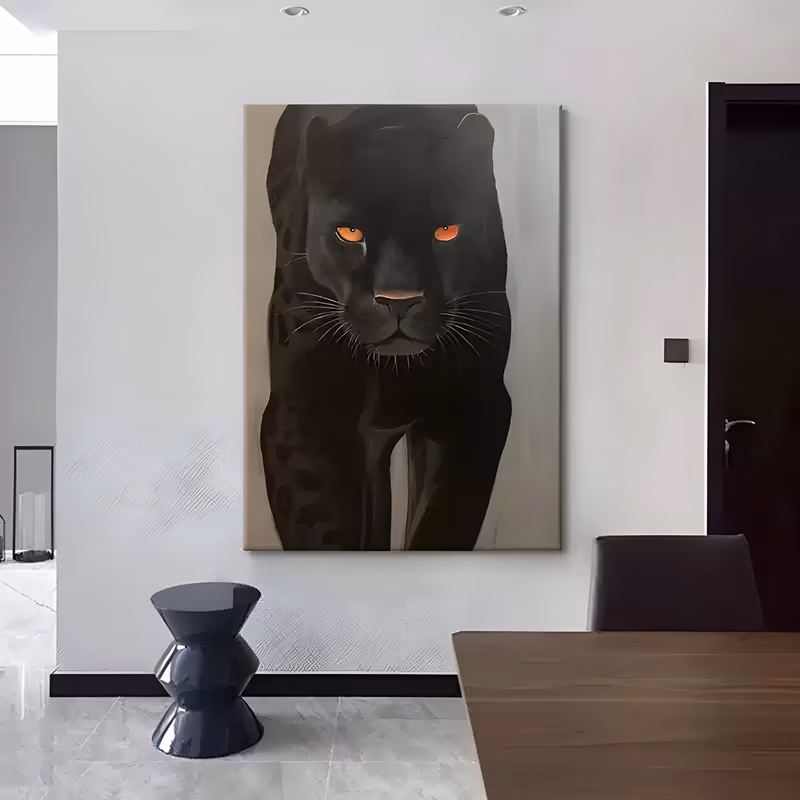 a large vertical realistic painting of a black panther walking toward the viewer, head low and amber orange eyes fixed ahead, its dark body set on a plain warm beige and gray ground, in smooth oil