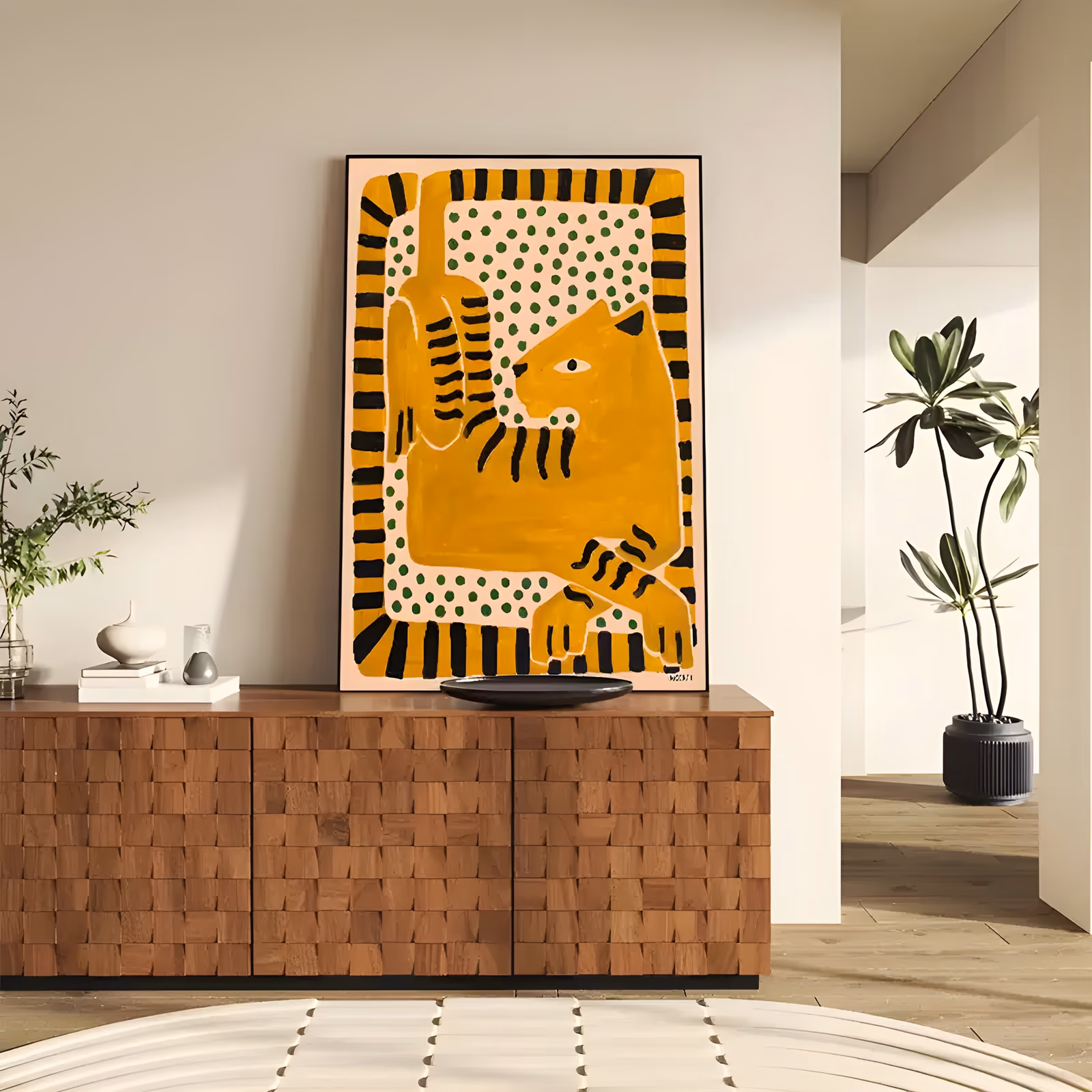 a large vertical folk art painting of a mustard ochre tiger with black brushstroke stripes lying on a pale pink ground scattered with green dots, framed by a black dashed border, in flat gouache