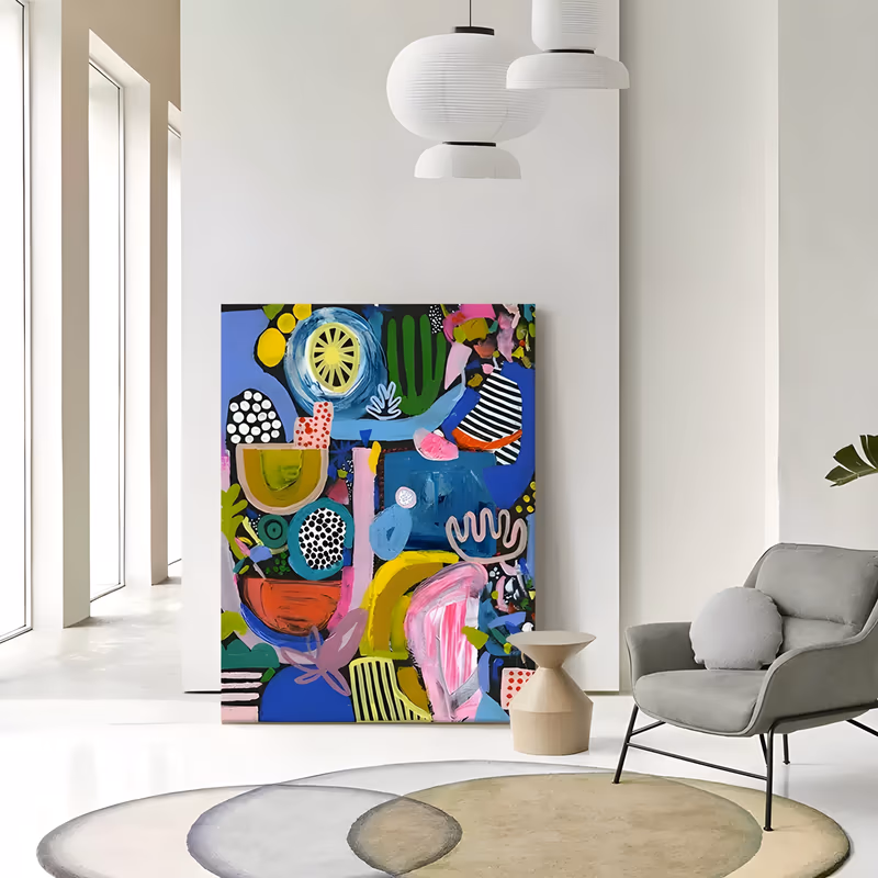 a large vertical maximalist collage painting of stylized fruit, bowls, leaves and dotted shapes on a cobalt blue ground, with hot pink, yellow and green forms crowding the frame, in flat hand-painted acrylic