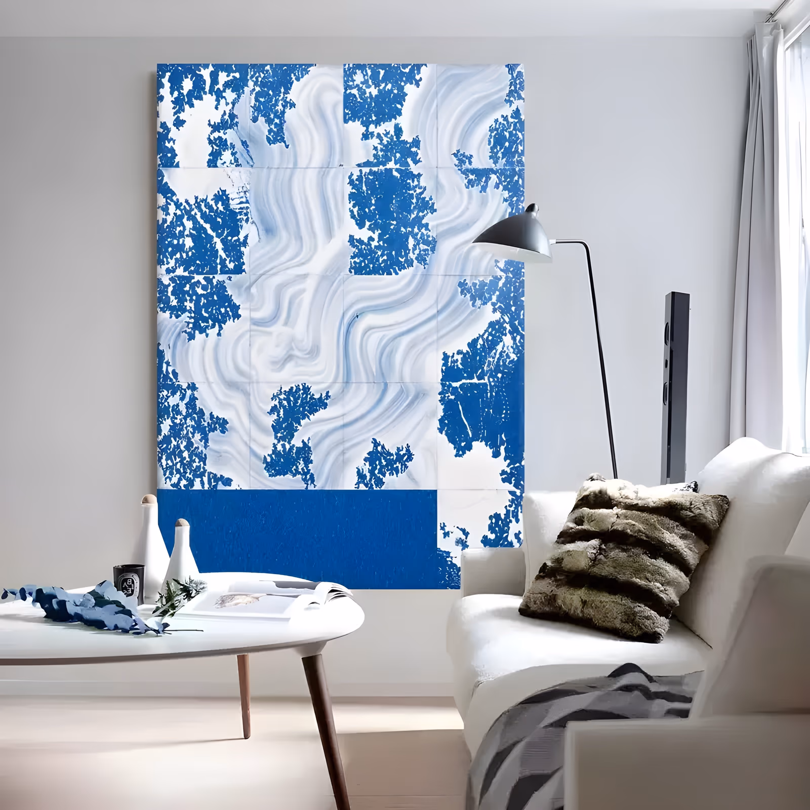 a large vertical abstract canvas of a blue and white marbled swirl broken into a grid of square tiles, with dense cobalt clusters at the corners and a solid blue band along the bottom, in flat hand-painted acrylic