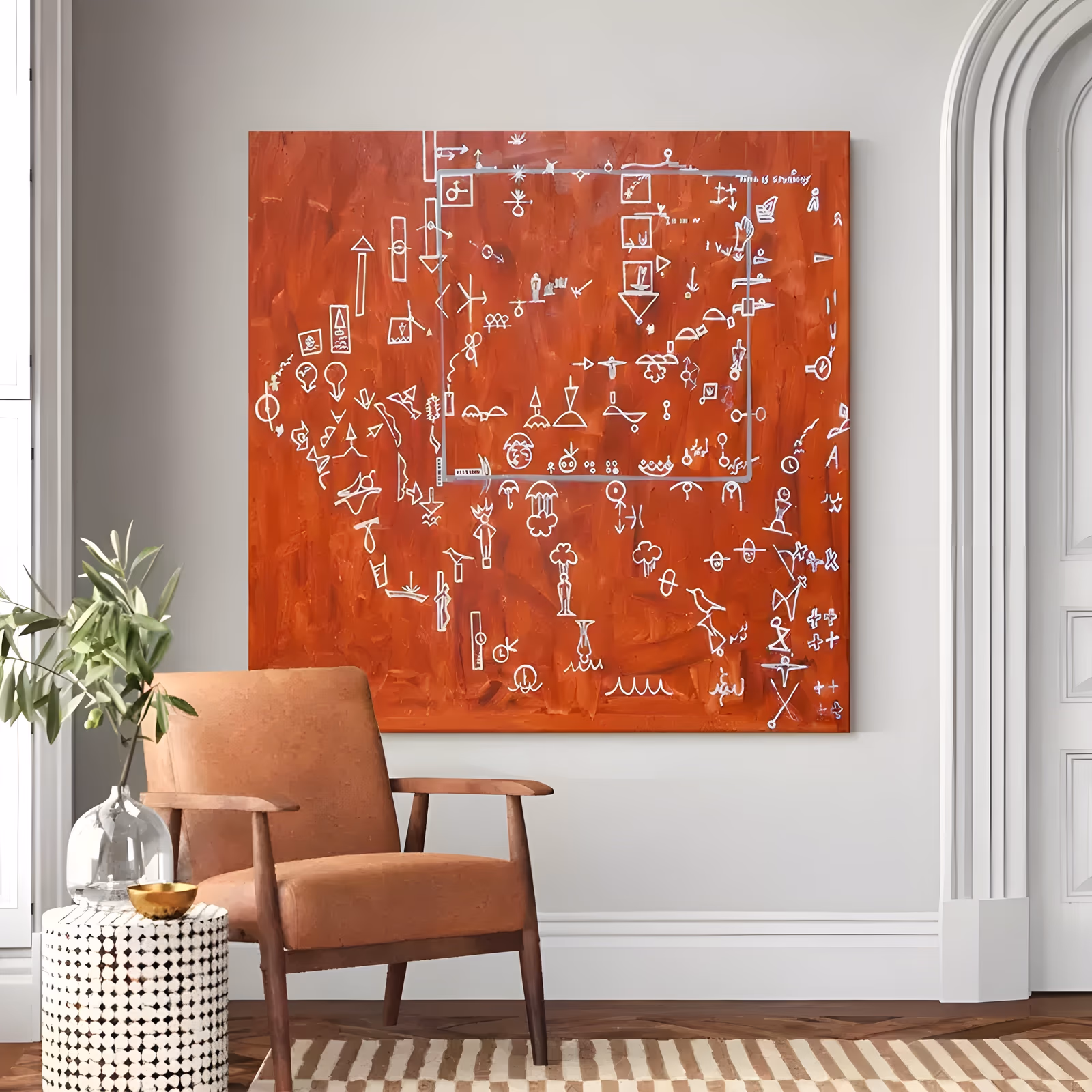 a large square painting of a brushed terracotta red ground covered with small white scribbled pictograms of figures, plants and birds, with a thin gray rectangle outlined around the center group, in flat acrylic