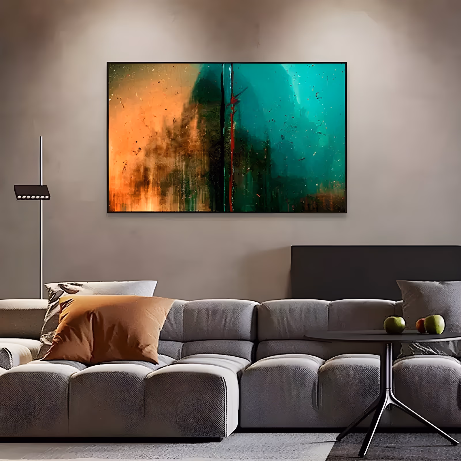a large horizontal abstract painting with a burnt orange glow on the left dissolving into deep emerald green on the right, a thin red line dripping down the center and dark scorched marks between them, in blended oil