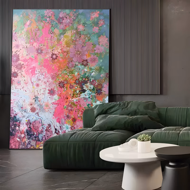 a large vertical abstract floral painting of layered pink, magenta and sage green flowers dissolving into poured cells and fine lacework, with a cream and white flow through the lower left, in fluid acrylic