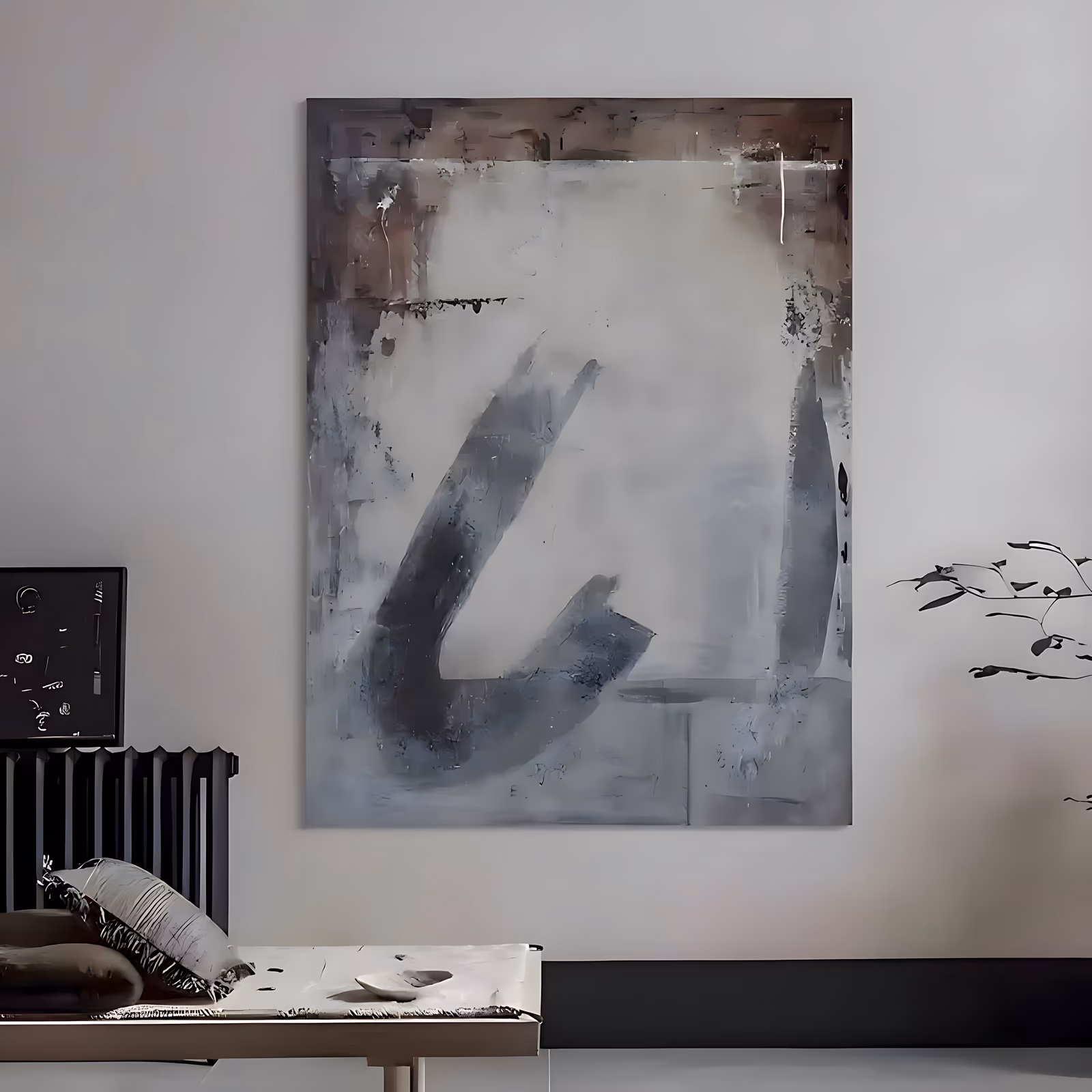 a large vertical wabi-sabi painting of two dark gray sweeping strokes on a scraped off-white field, with a rust brown weathered band along the top edge, worked in thick palette-knife impasto