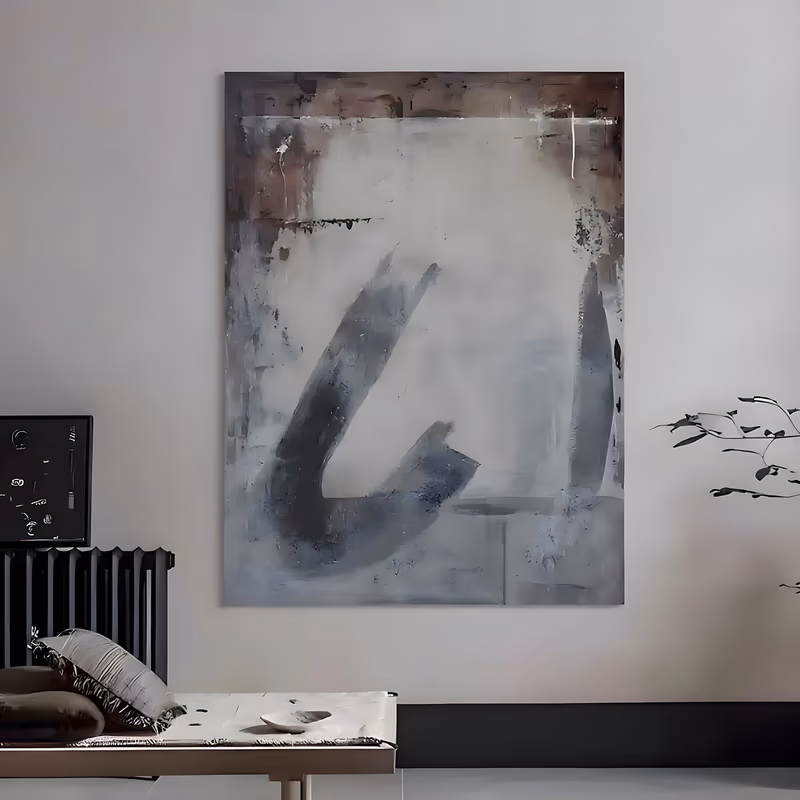 a large vertical wabi-sabi painting of two dark gray sweeping strokes on a scraped off-white field, with a rust brown weathered band along the top edge, worked in thick palette-knife impasto