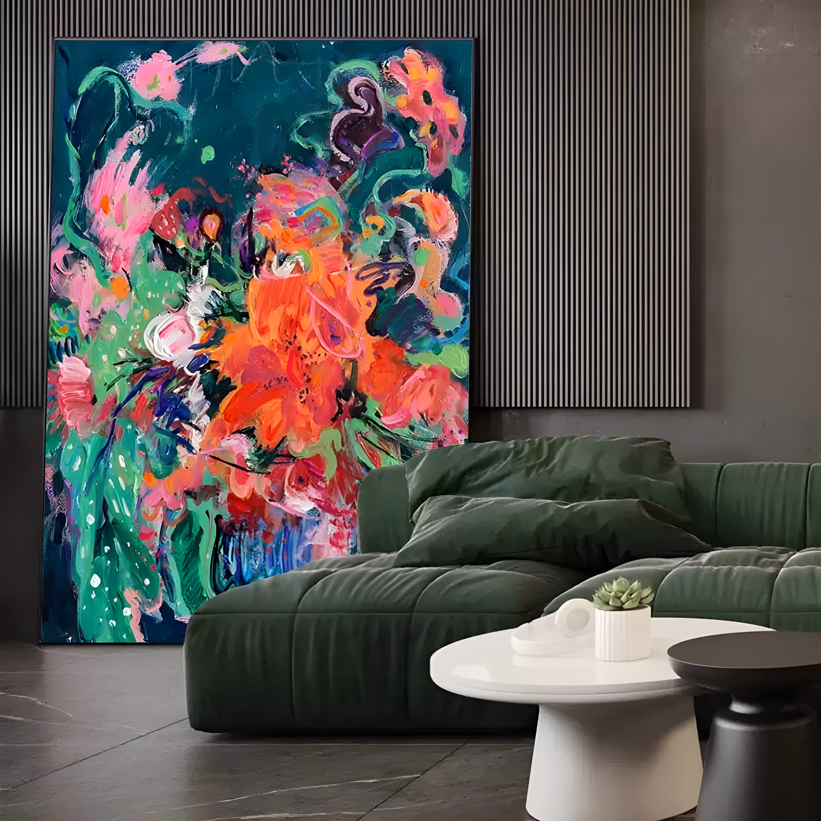 a large vertical expressive floral painting of coral, orange and hot pink blooms massed at the center with green leaf strokes below, all set on a deep teal ground, in loose brushed acrylic