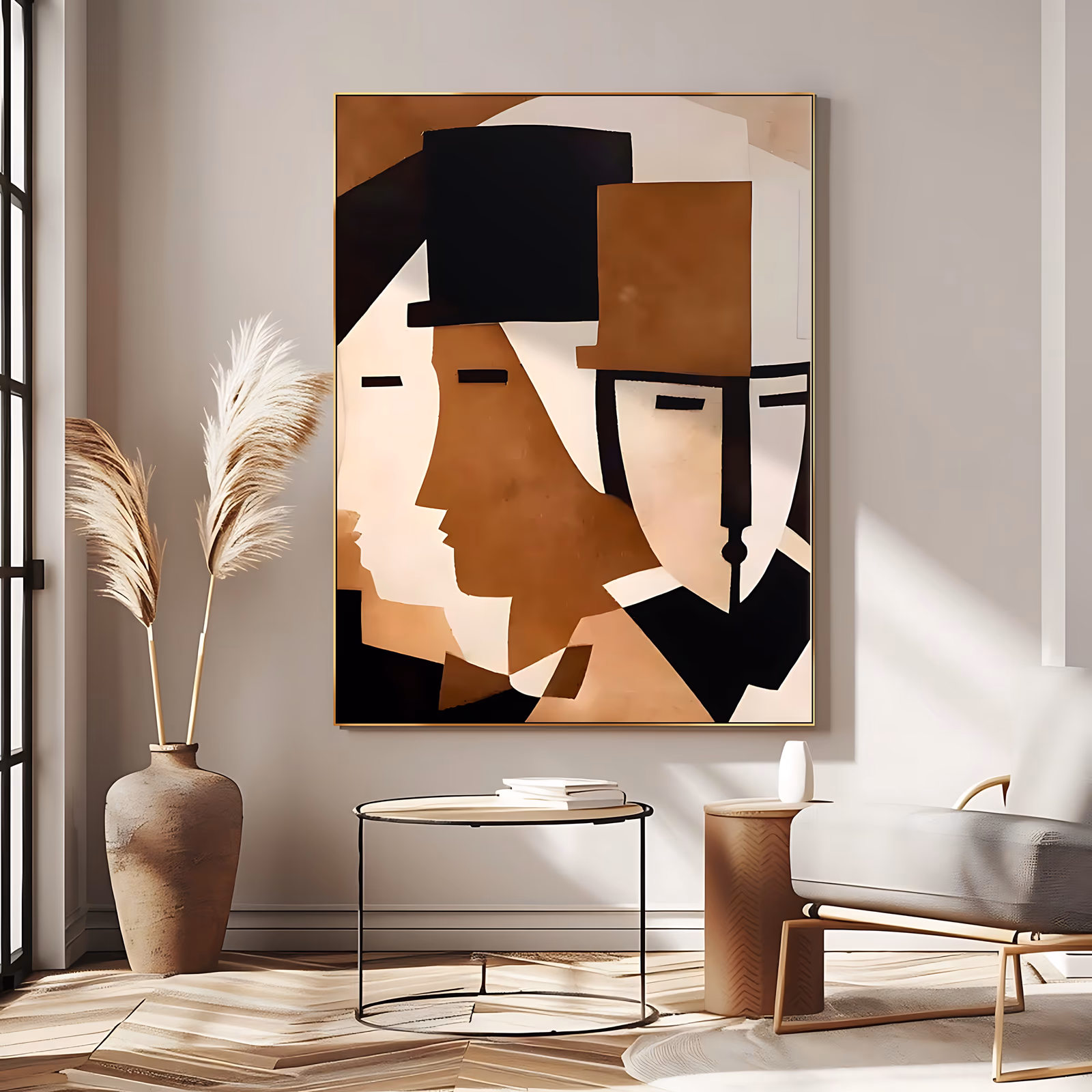 a large vertical cubist painting of three overlapping profile faces in terracotta, rust brown, cream and black, each reduced to flat planes with a black hat and simple bar eyes, in matte hand-painted acrylic