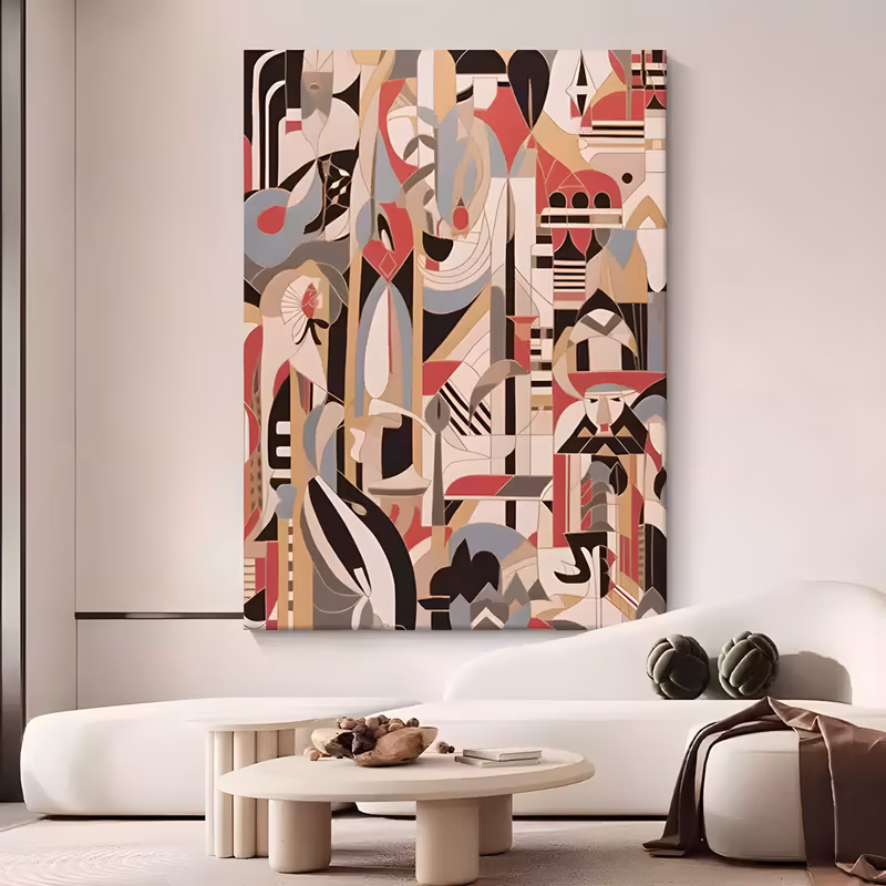 a large vertical cubist abstract painting of arcs, cones, columns and stylized faces packed together in crimson red, black, tan, cream and gray, painted flat with crisp hard edges