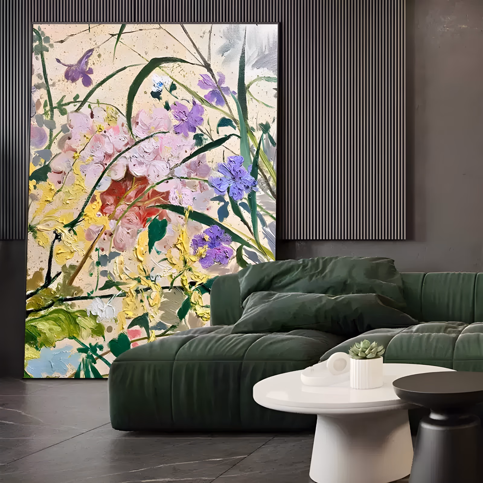 a large vertical textured floral painting of pale pink, lilac and yellow blossoms with long green stems rising over a cream ground, petals and leaves built in heavy palette-knife impasto