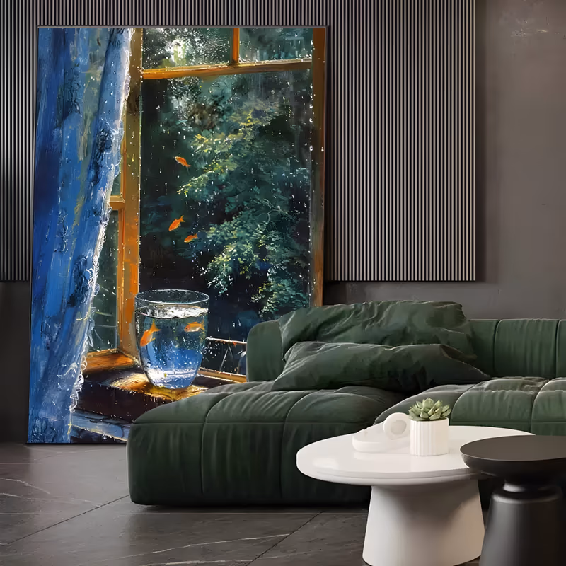 a large vertical still life painting of small orange goldfish drifting around a glass bowl on a windowsill, seen against a rain-streaked window and dark green garden foliage, with a blue curtain at left, in thick oil