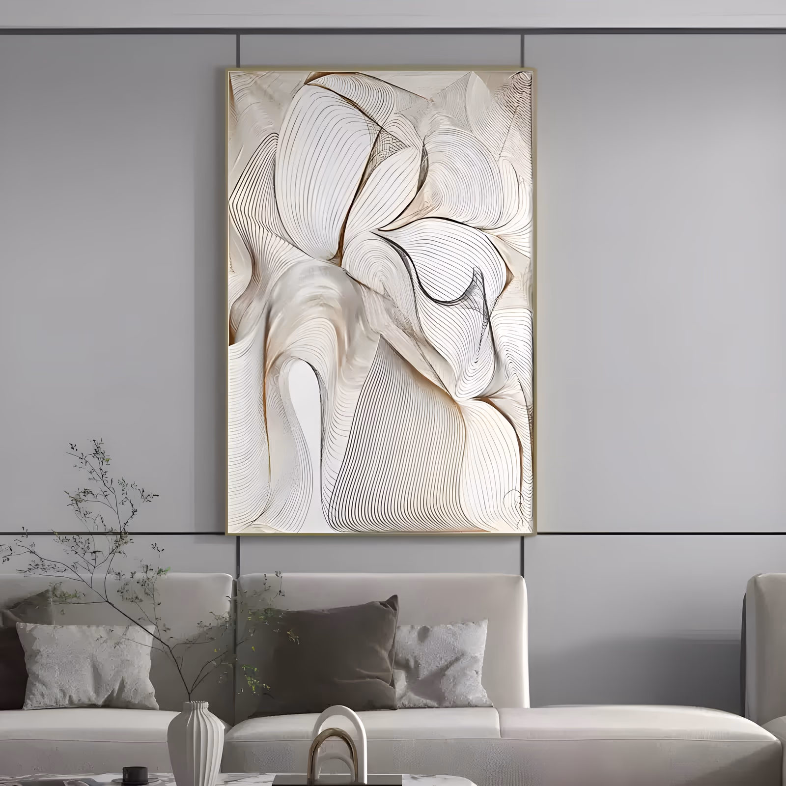 a large vertical sculpted relief painting of overlapping ivory and cream ridges shaped like folded petals, each one traced with fine dark contour lines and warm gold shadow in the hollows, in raised plaster