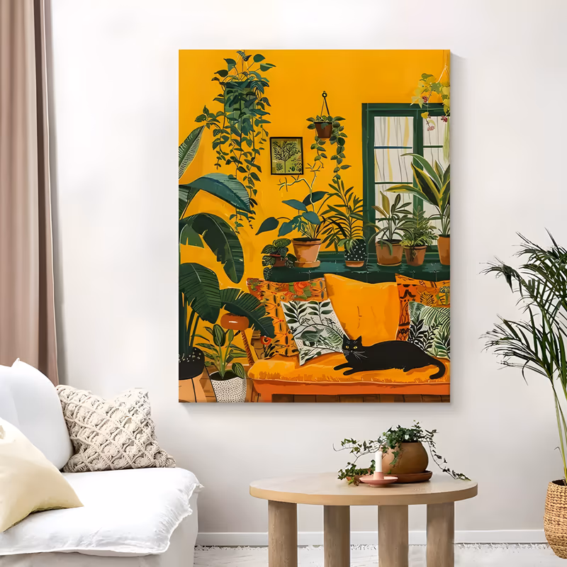 a large vertical illustrative painting of a black cat stretched on an orange sofa in a golden yellow room packed with potted plants, a green window frame and patterned cushions, in flat matte acrylic