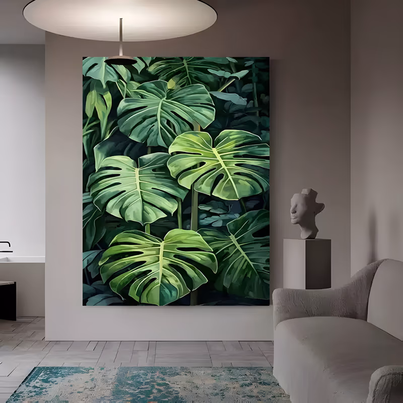 a large vertical botanical painting of four big monstera leaves lit from behind so their splits and ribs glow lime green, layered over darker jungle foliage that fills the rest of the frame, in flat acrylic