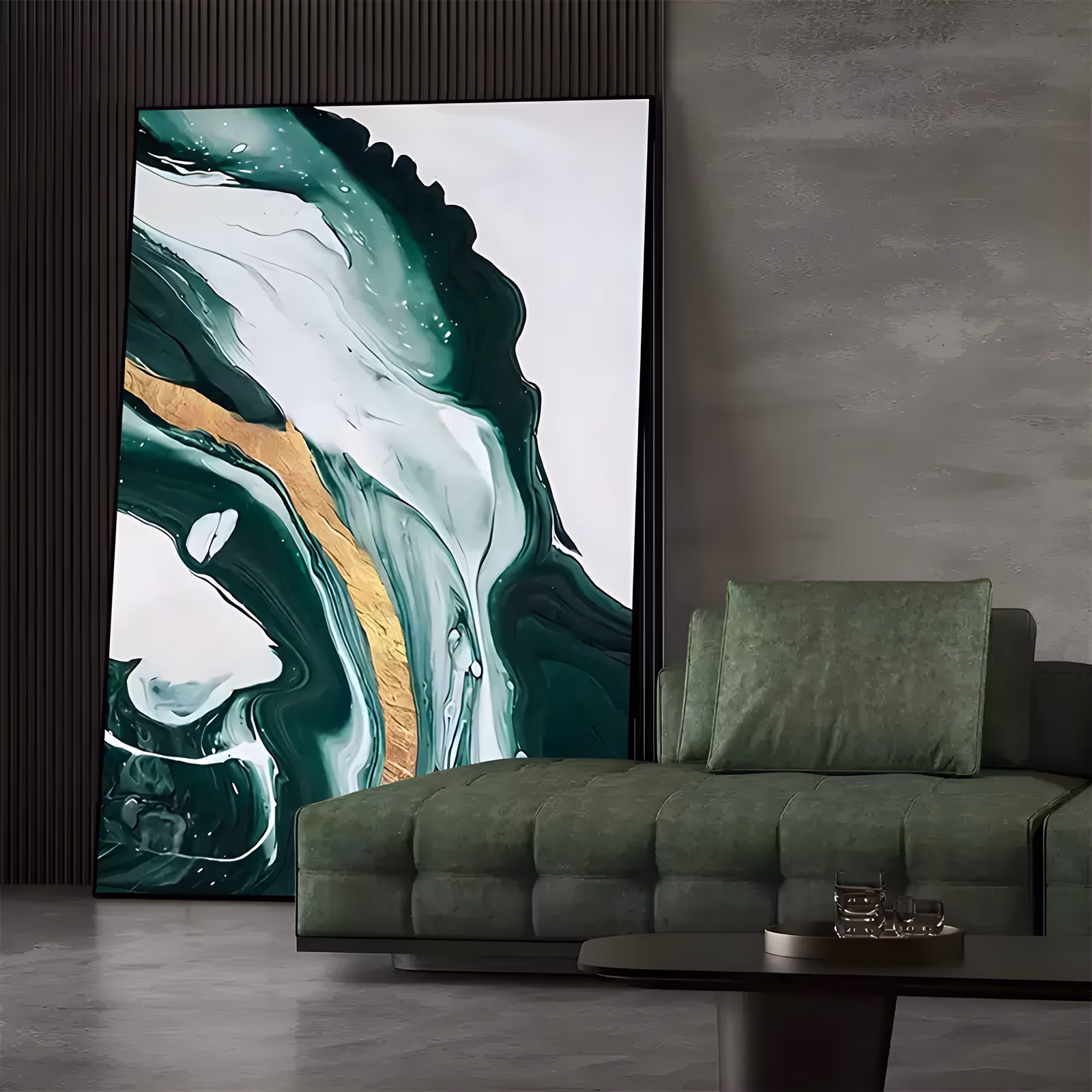 a large vertical abstract painting of emerald green and white marbled currents flowing diagonally up the canvas, a single band of metallic gold running through the lower left, in smooth glossy paint